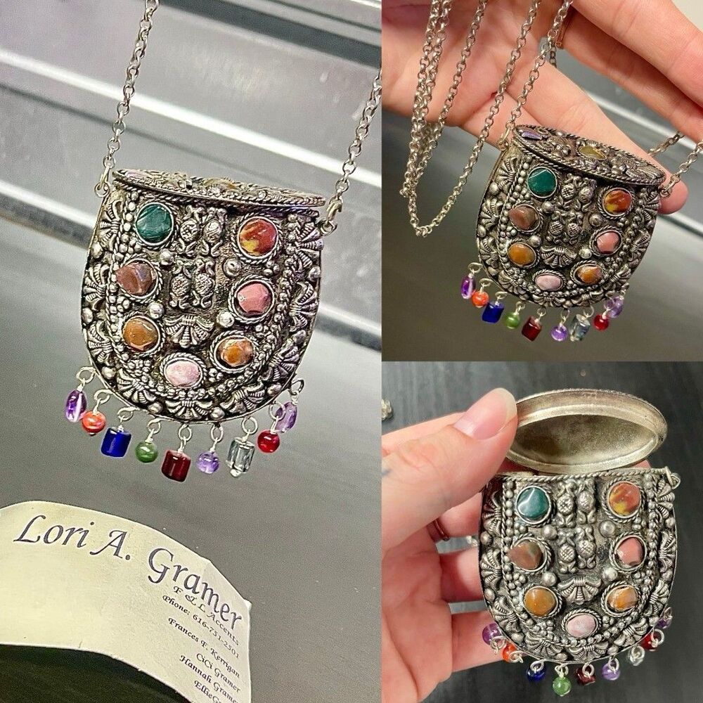 VTG (?) Handcrafted Spanish Jewelry Box Stash Pendant Necklace Cabochon Boho